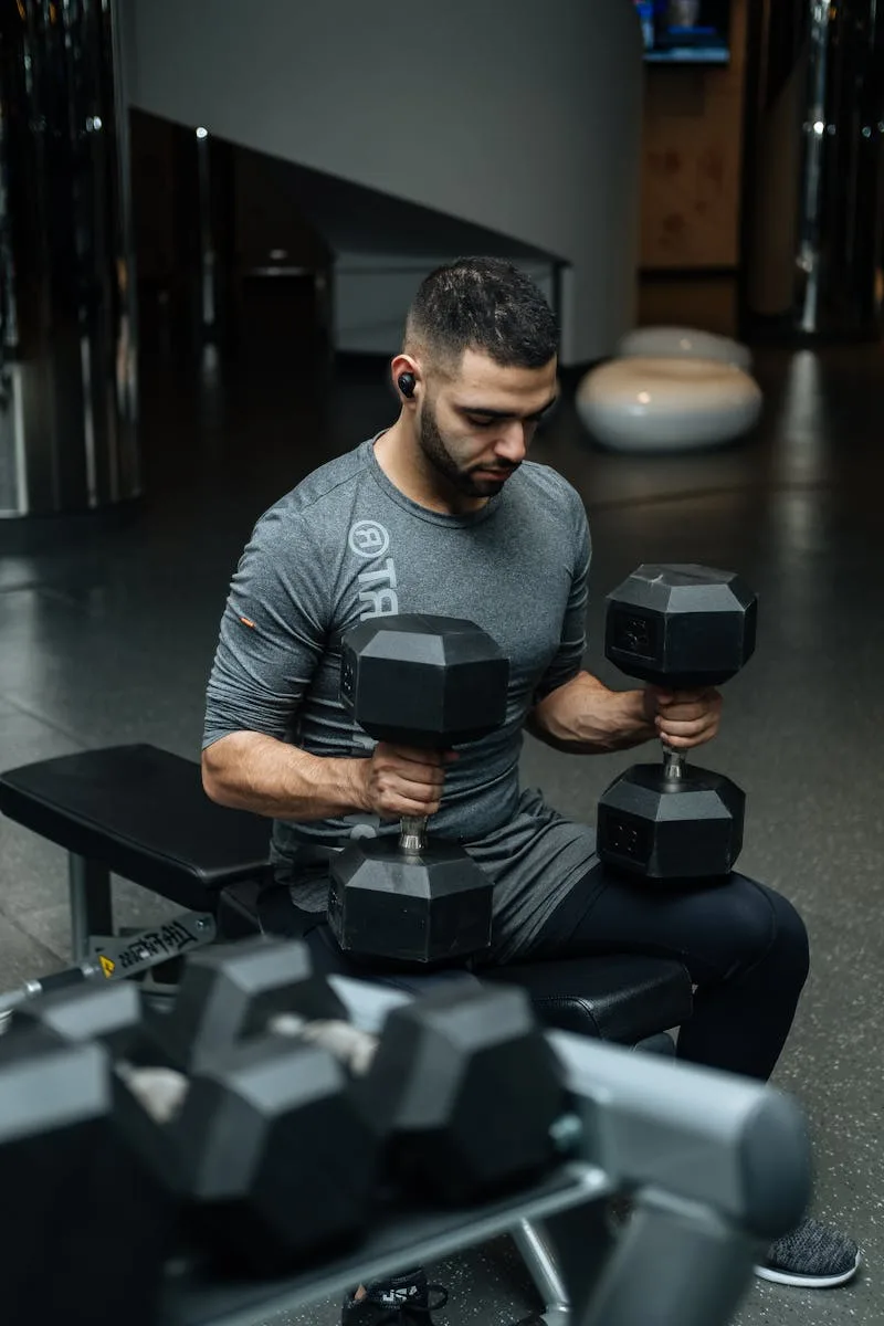 A man lifting dumbbells in a gym, focused on strength training Exercise for fitness