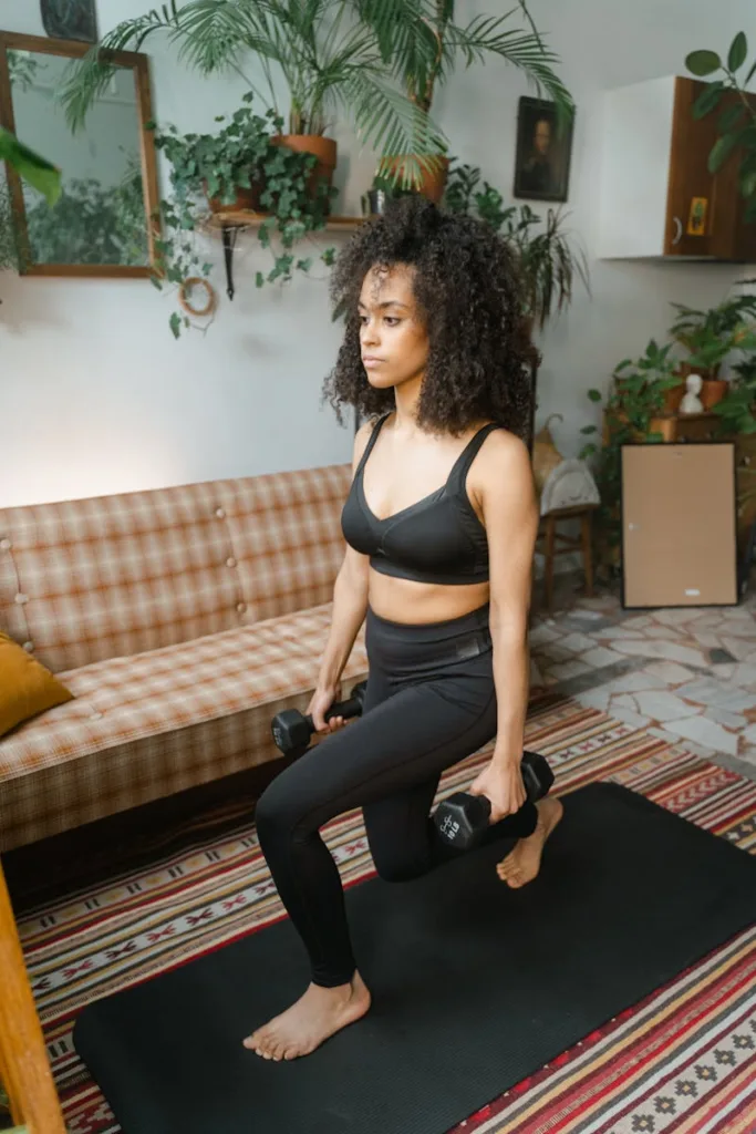 American woman performing lunges with dumbbells indoors, showcasing the benefits of daily exercise for a stronger, healthier lifestyle.