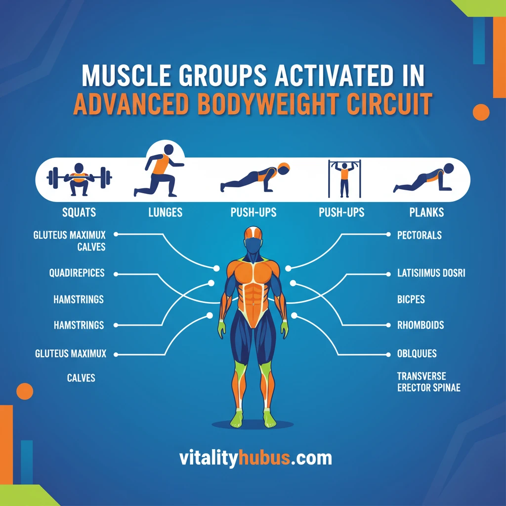 Muscle groups infographic highlighting targeted muscles in bodyweight exercises like squats, lunges, push-ups.