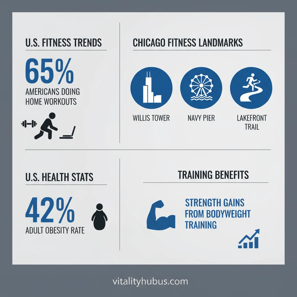 U.S. fitness and Chicago local stats infographic showing home workouts, obesity rate, and strength gains